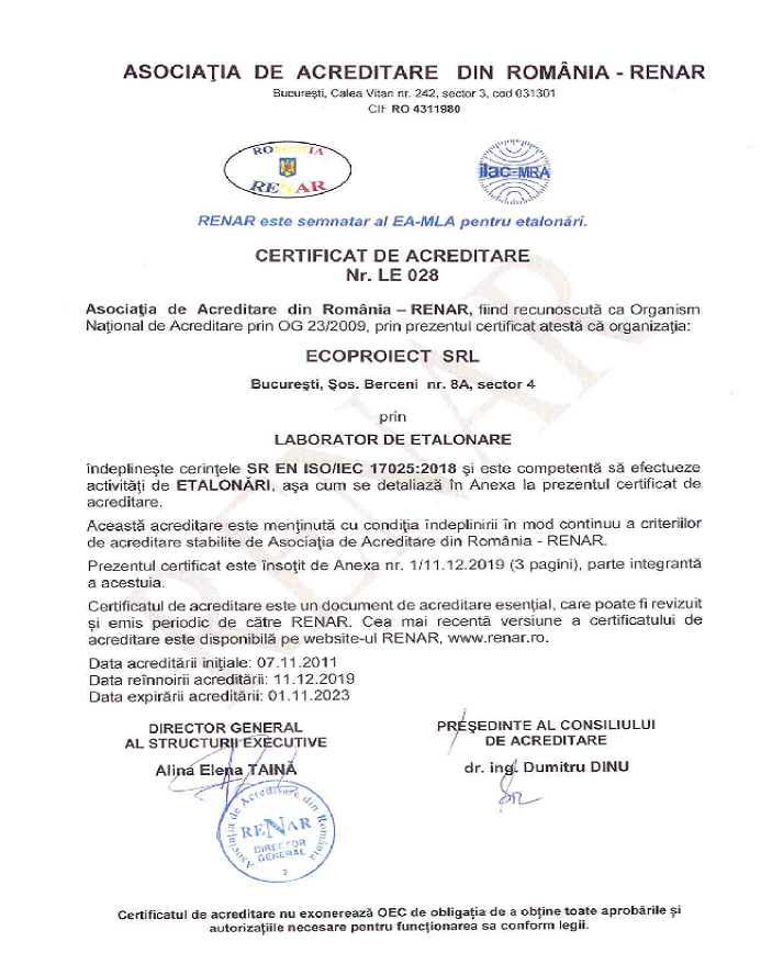 Certificat de etalonare temperatura